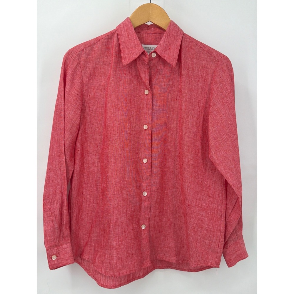 Liz Claiborne Lizsport PP Petite Red Linen Button Down Shirt Career Minimalist